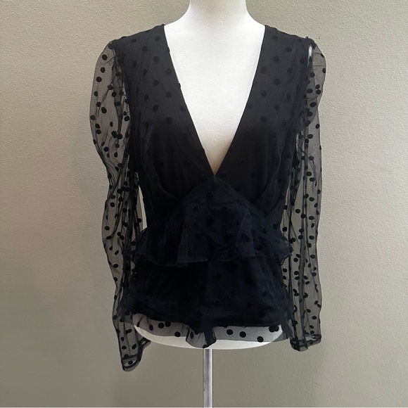 Missguided Dobby Mesh Black Long Puff Sleeve Women’s Blouse Top V Neck EUC - Picture 3 of 14